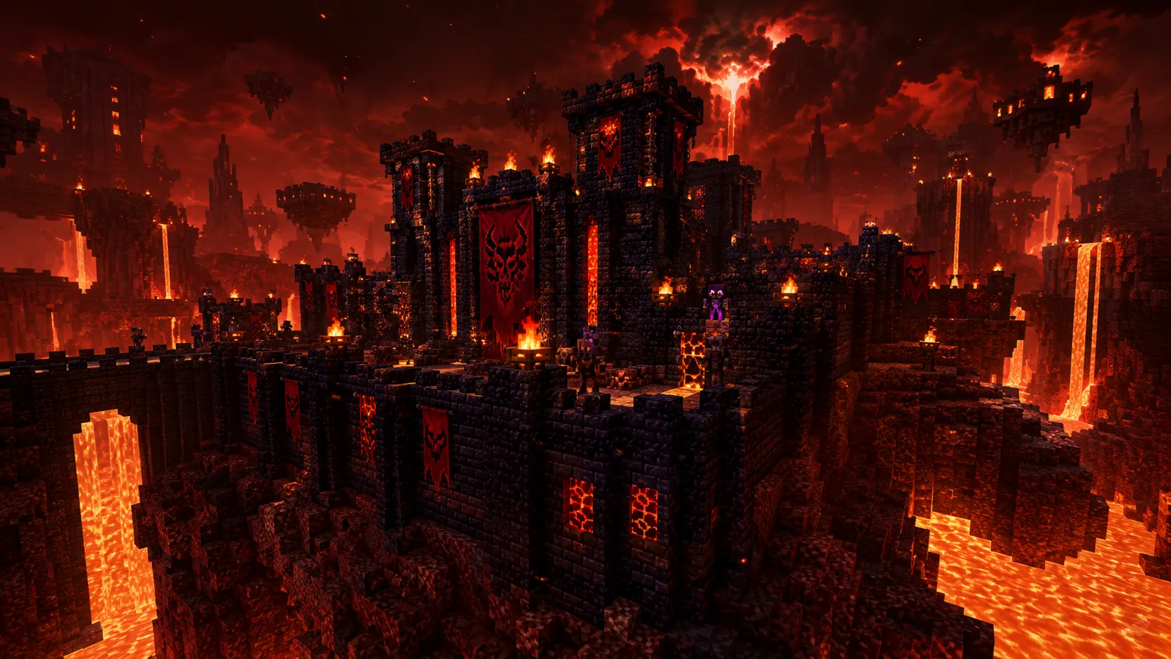Forteresse de faction en pierre noire dressée dans le Nether, bannières rouges déployées sur ses remparts et coulées de lave en contrebas.