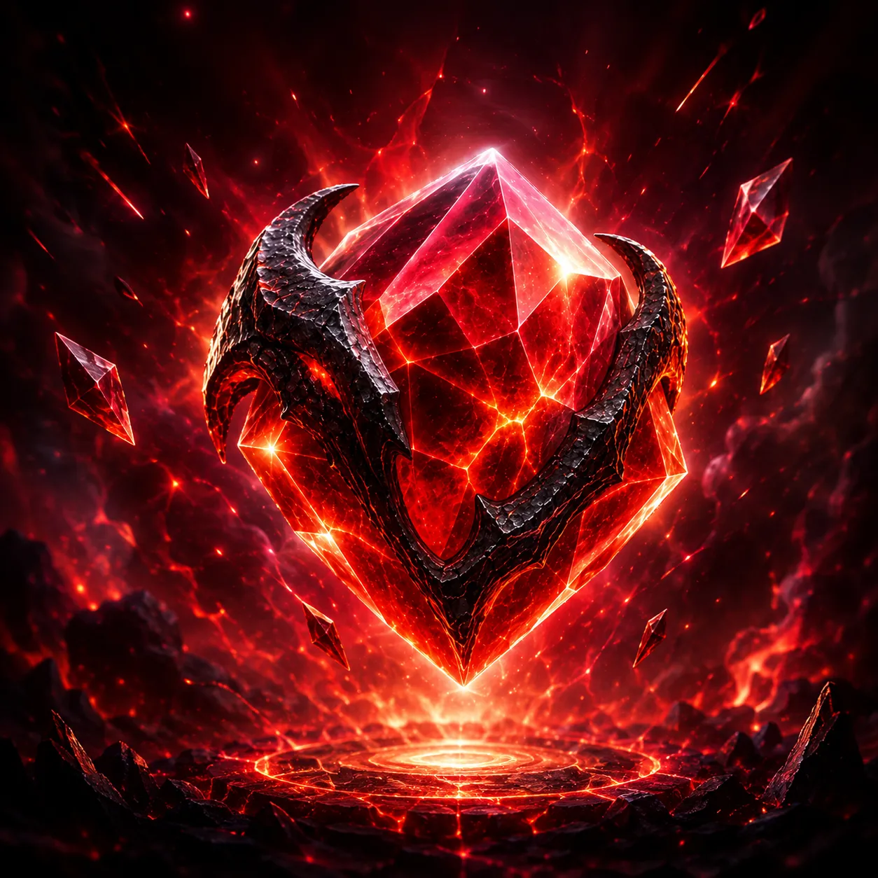 Gemme INFERNIA — cristal rouge incandescent serti de griffes d'obsidienne.